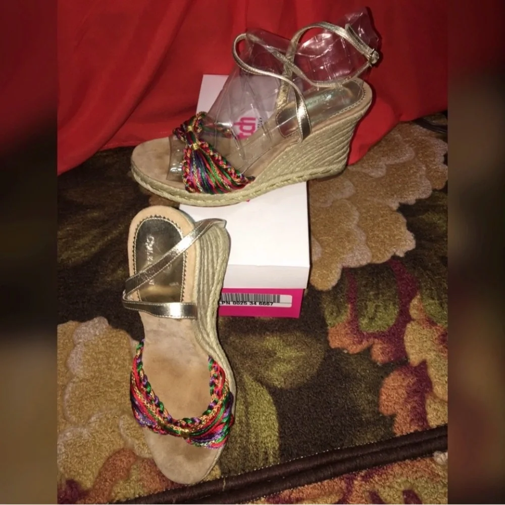 Cole Haan Multicolor Braided Espadrille Wedge Sandals with Silver Ankle Strap